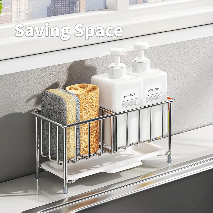 Kitchen Sink Sponge Holder, 304 Stainless Steel Soap Dispenser Caddy Organize - Image 5