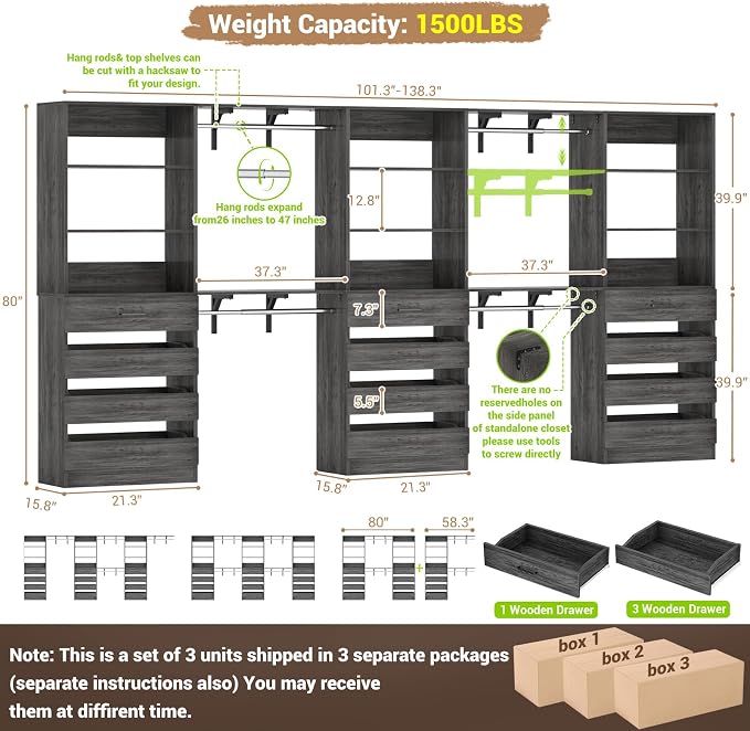 Aheaplus Closet System Set of 3, 138.5" Wood Closet Organizer System Tower - Image 7