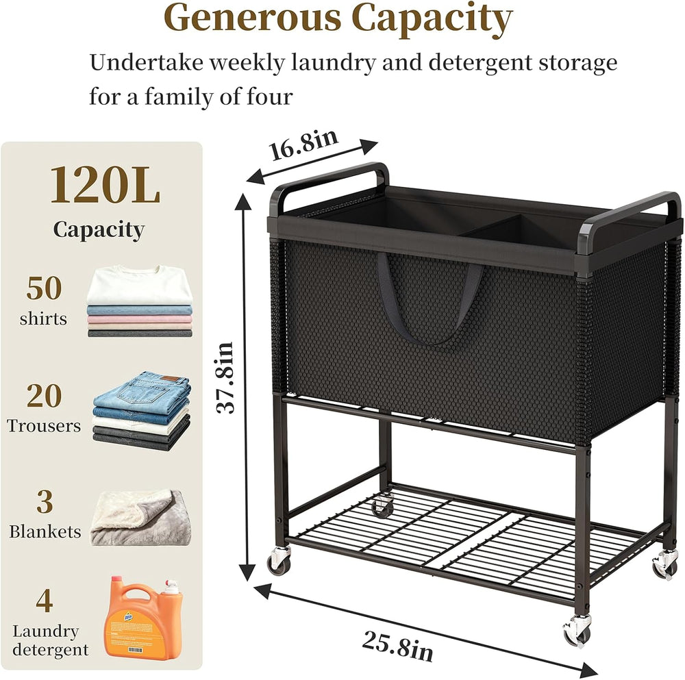 Laundry Hamper Rolling Sorter: 120L Large Basket with Wheels Removable Bag