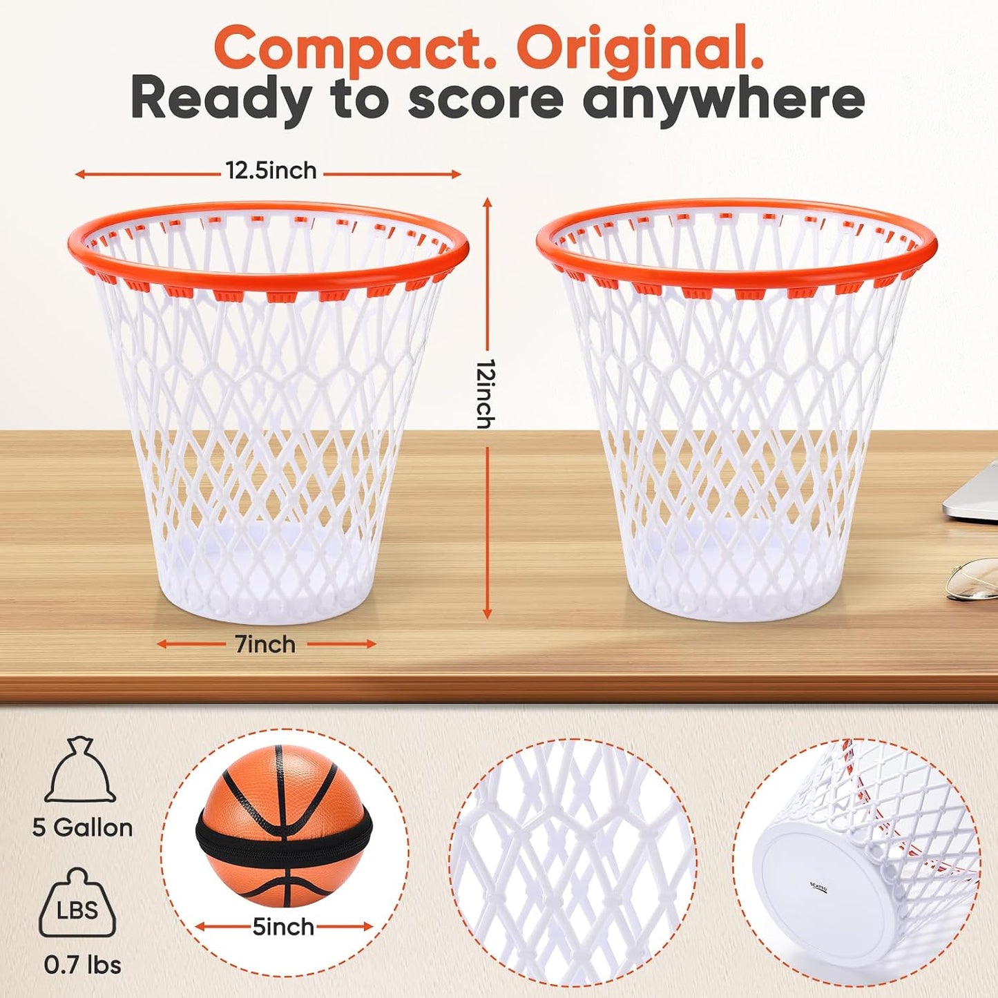 Set of 2 Basketball Trash Can - 2 Zippered Shooting Balls - Perfect Basketball Gift - Boys Room Decor - Easter basket for Dorm or Home Office - Kids Bedroom Wastebasket - Sport Party- Size 12"x12"x12"
