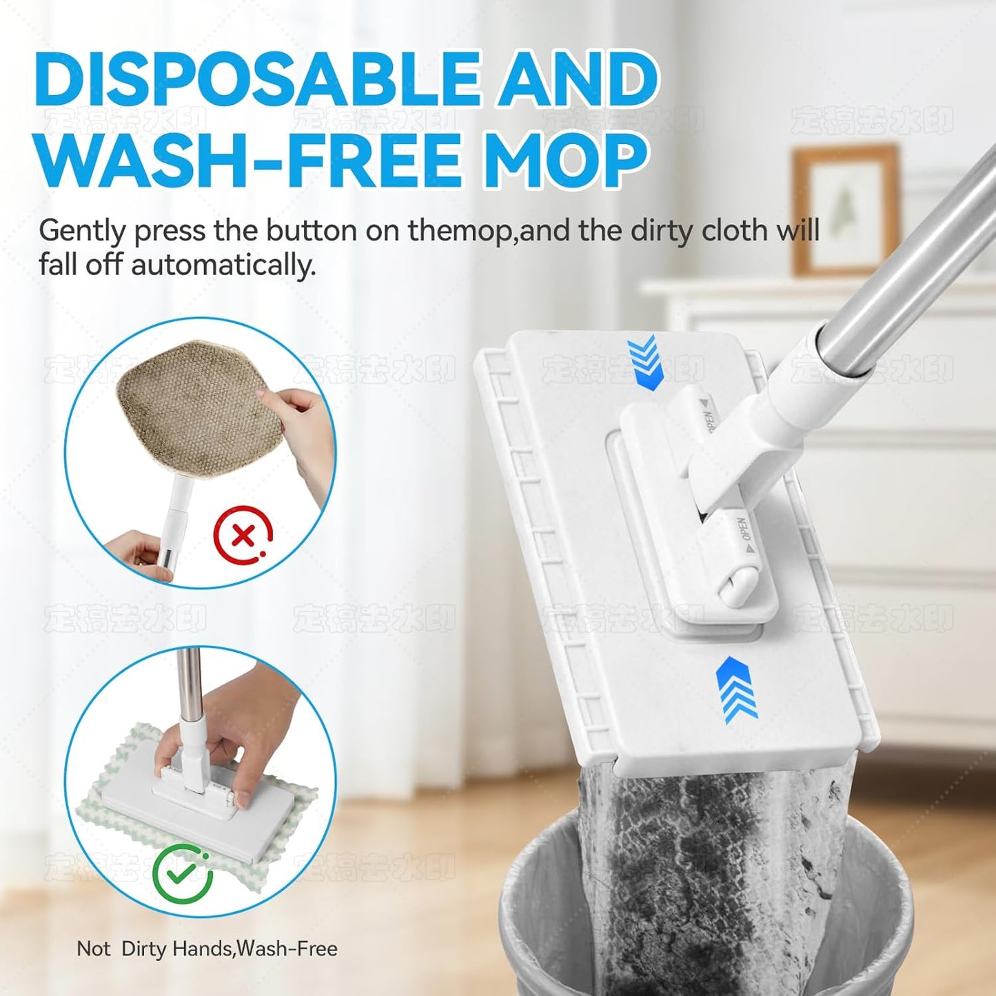 Upgraded Zero Touch Snap Grip Mini Mop, Hands Free Push Pull Handle, Easy Cloth Change Portable Cleaner for Kitchen Bathroom Car, 1 Mop & 10 Reusable Washable Cloths