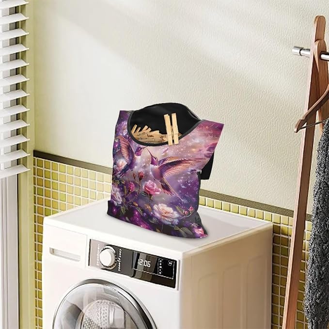 Purple Flower Hummingbird Clothespin Bag - Image 3