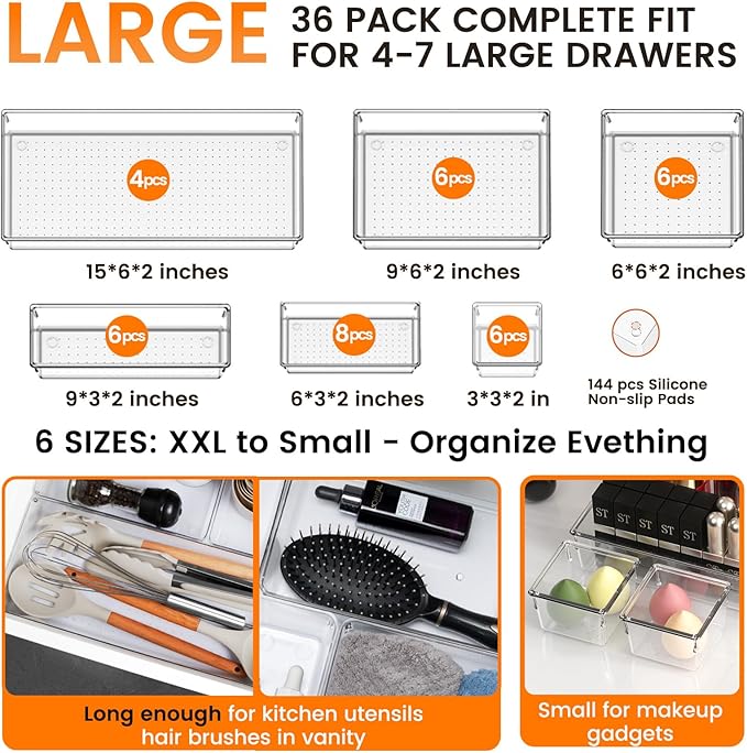 Criusia 36 Pack Large Clear Plastic Drawer Organizer Bins - Image 2