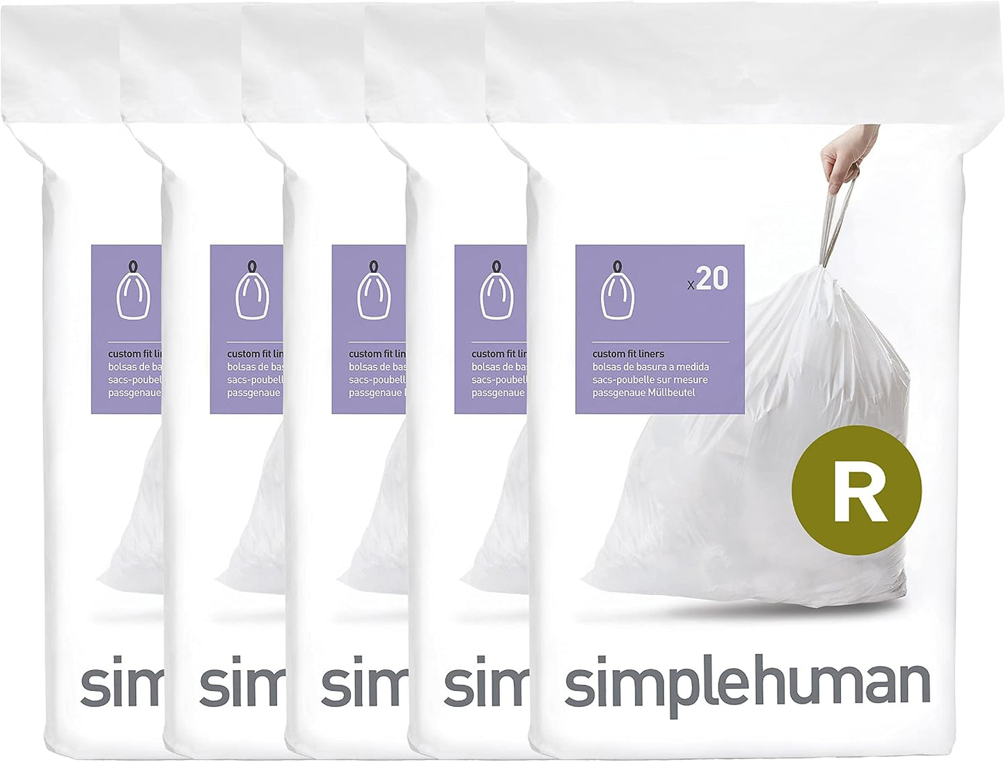 simplehuman Code R 100 Count Custom Fit Liners, Drawstring Kitchen Trash Bags, One-by-One Mess-Free Dispense, Extra Thick & Double Seamed, 50% PCR Plastic, 9-10 Liter / 2.6 Gallon, White