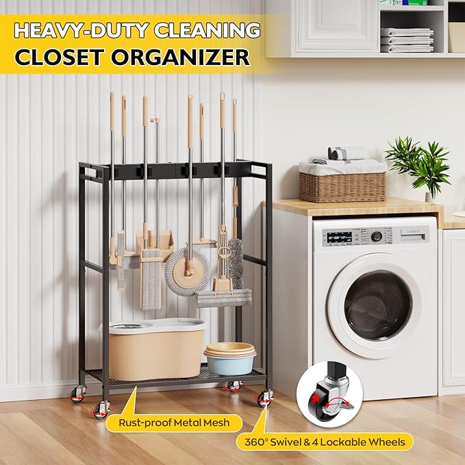 BORISI Broom And Mop Holder, Movable Broom Closet Storage Cabinet, Cleaning Cart - Image 6