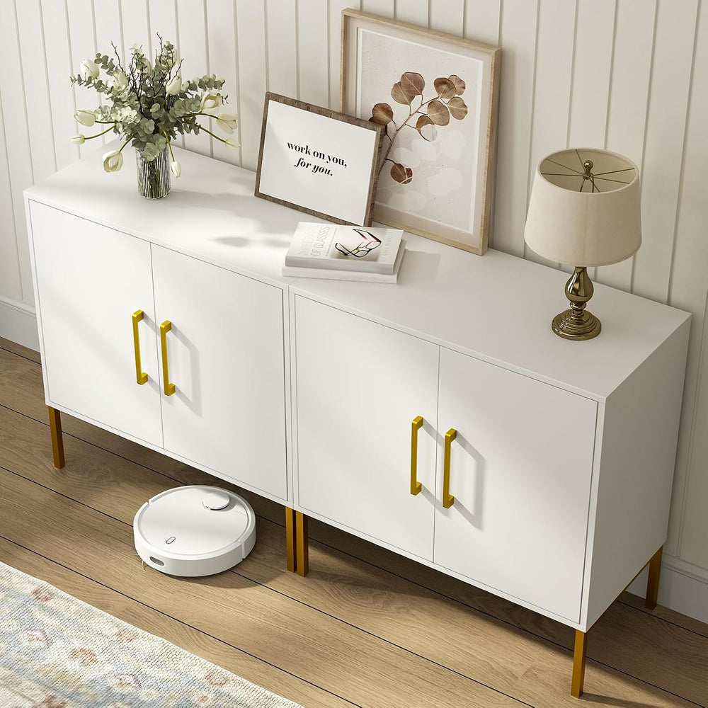 3 Set of Storage Buffet Cabinet with Gold Handles and Metal Legs, White丨Frees...