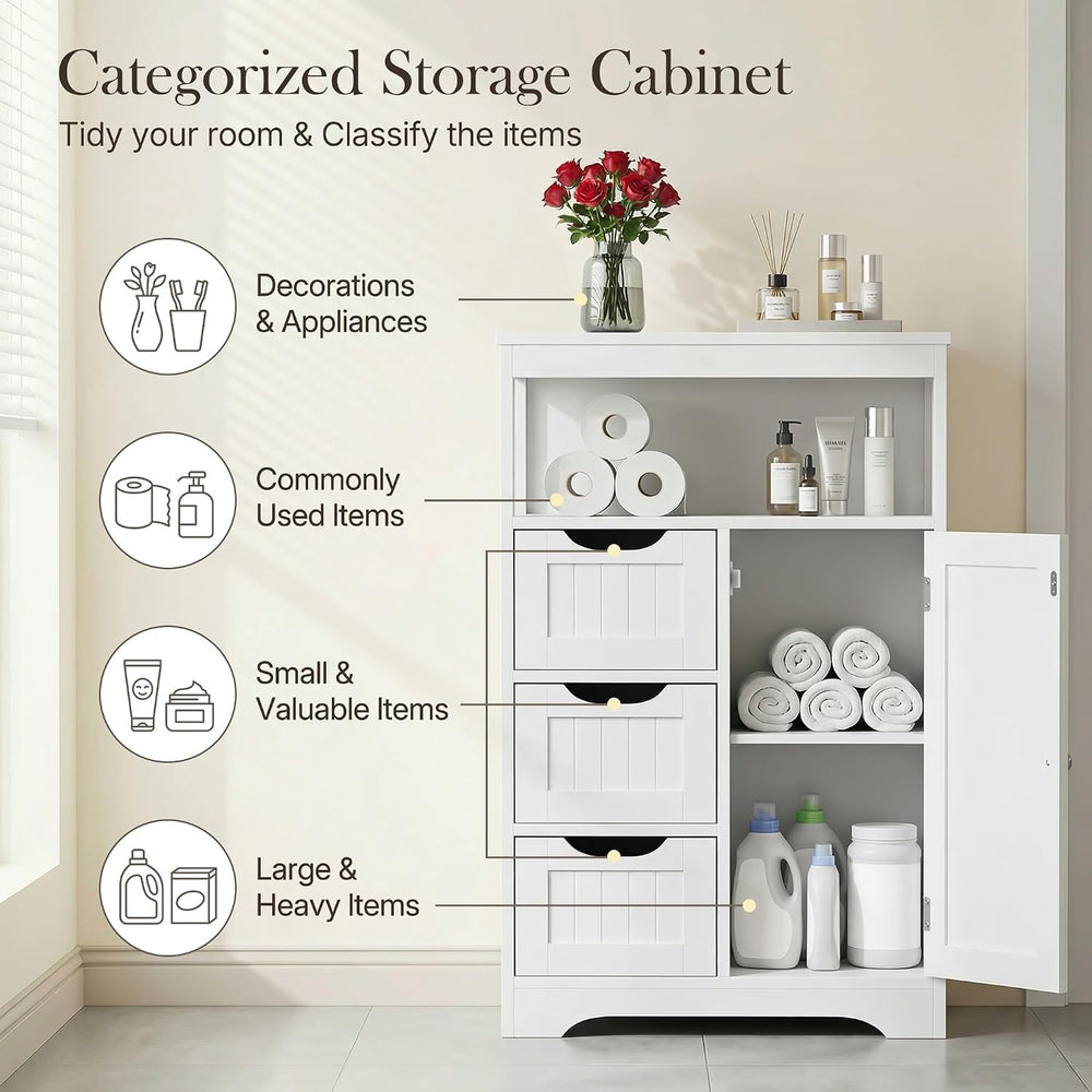 SUPER DEAL Wooden Bathroom Storage Cabinet with 3 Drawers and 1 Door, Free-St...