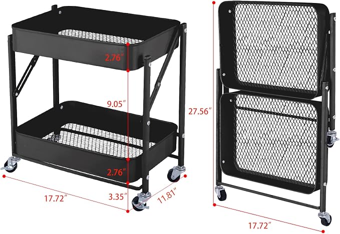 2-Tier Metal Folding Rolling Cart, Mobile Utility Cart Trolley Storage Organizer - Image 7