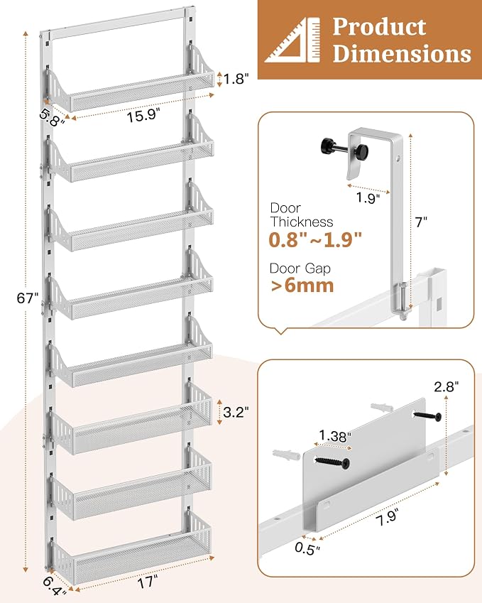 Over the Door Pantry Organizer 8-Tier, Large Metal Door Spice Rack
