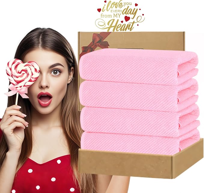 VOOVA & MOVAS Pink Bath Towels Set of 4, Large 30" x 56" - Image 6