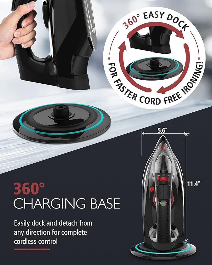 Cordless Iron for Clothes, 1500W Steam Iron Rapid Heating, Non-Stick Ceramic - Image 3