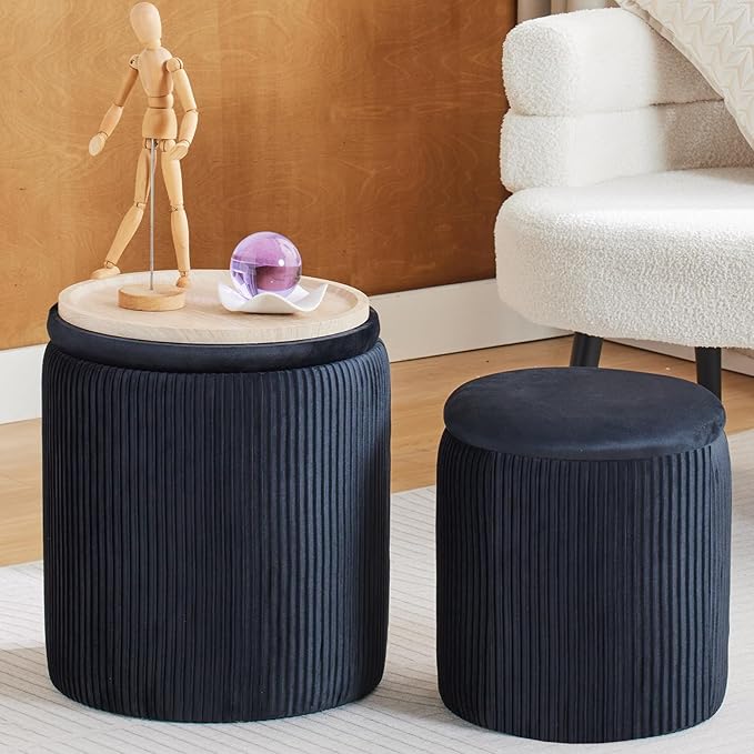 Round Ottoman with Storage Set of 2-Upholstered Velvet Vanity Stool by HomePage