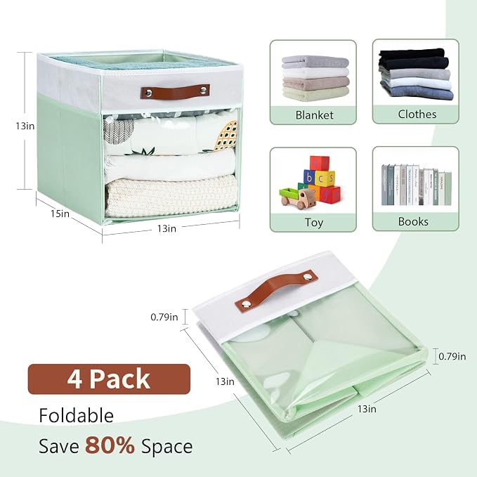 HNZIGE 13x15x13 Cube Storage Bins, 4 Pack Fabric Clear Organizer - Image 2
