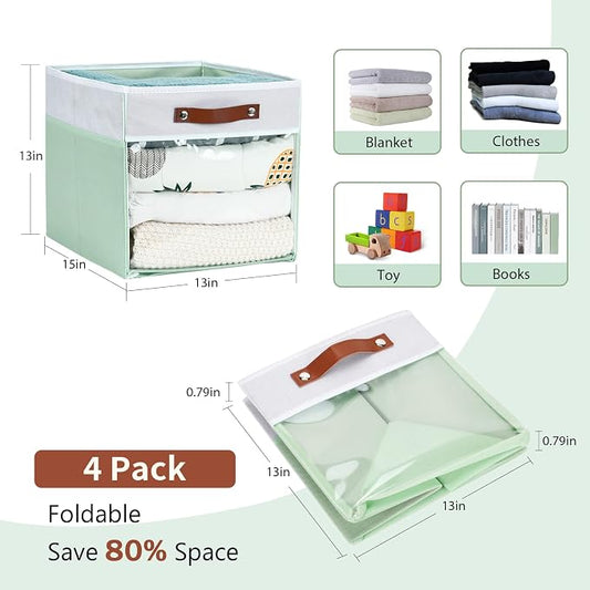 HNZIGE 13x15x13 Cube Storage Bins, 4 Pack Fabric Clear Organizer - Image 2