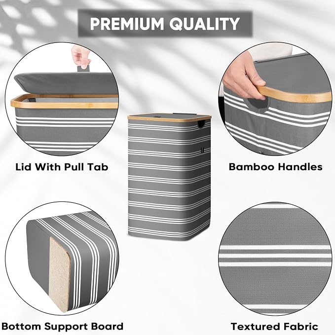 BALEINE Laundry Hamper with Lid, Tall Laundry Baskets with Bamboo Pull Handles - Image 3