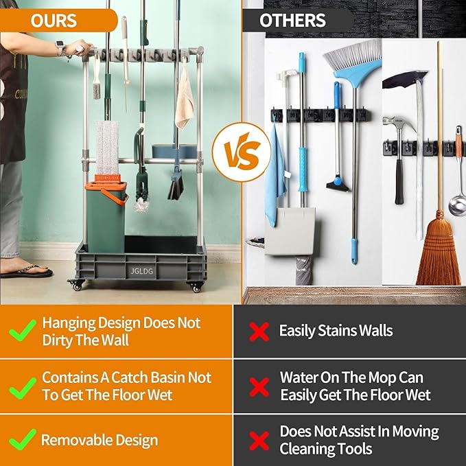 Broom mop Holder Cleaning Supplies Organizer Janitor carts on Wheels