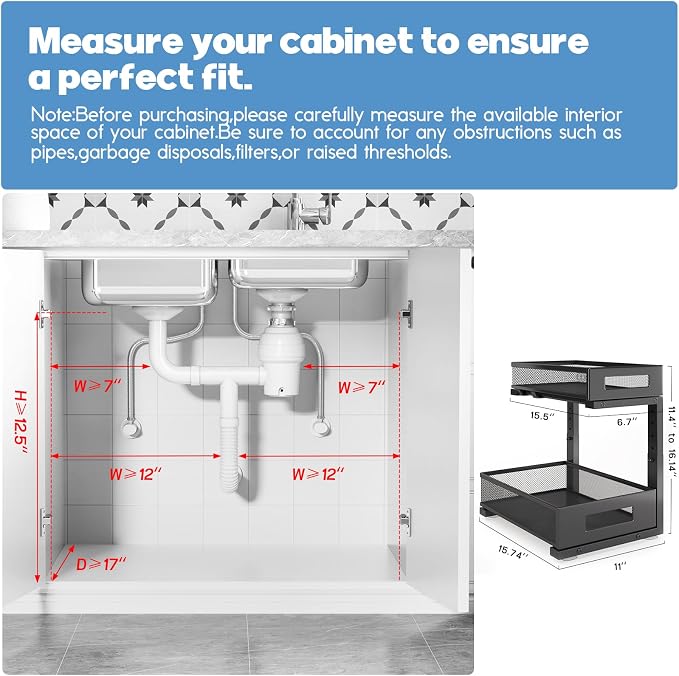 1 Pack-11.4"-16.14"H Under Sink Storage Organizer, Large 2-Tier Elegant Mesh - Image 2