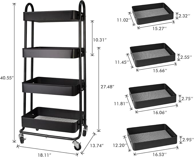 elabo 4-Tier Metal Mesh Utility Rolling Cart, Storage Organizer Trolley - Image 2