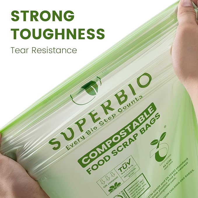 SUPERBIO 2.6 Gallon Flat Top Compostable Food Waste Bags, 2 Pack, Food Scrap - Image 2