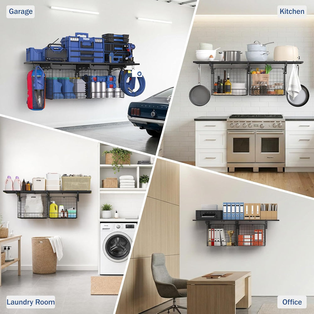 1x4ft Heavy Duty Garage Wall Shelving with 2 Wire Baskets, Garage Shelving Wa...