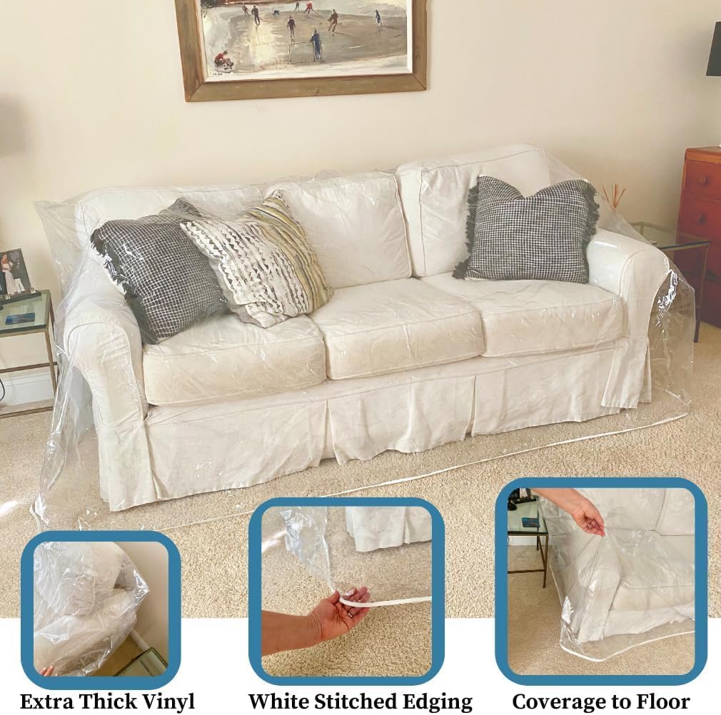 Evelots Clear Couch Cover - Thick Heavy Duty Vinyl 3 Seat Sofa Cover for Protection Against Cat & Dog Clawing - Stain & Dust Protector - Waterproof Slipcover for Moving & Storage