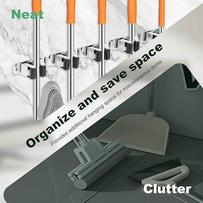 5Pcs 5 Racks 4 Hooks Stainless Steel Broom Mop Holder Anti Slip Wall Mount - Image 5