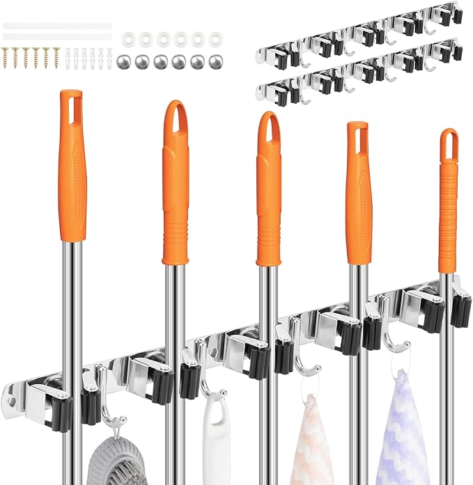 2Pcs 5 Racks 4 Hooks Stainless Steel Broom Mop Holder Anti Slip Wall Mount by Unknown