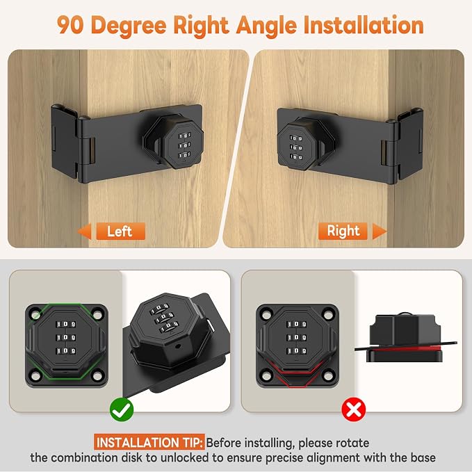 90 Degree 3-Digit Combination Cabinet Lock, Zinc Alloy Keyless Folding Hasp - Image 3
