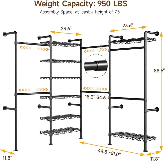 ONBRILL L4 Wall Mounted Industrial Pipe Clothing Rack, Closet Organizer System - Image 3