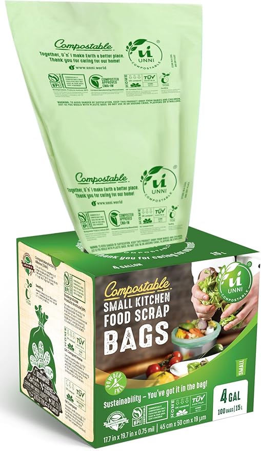 UNNI Compostable Trash Bags, 4 Gallon / 15 Liter, Extra Thick 0.75 mil Small by UNNI