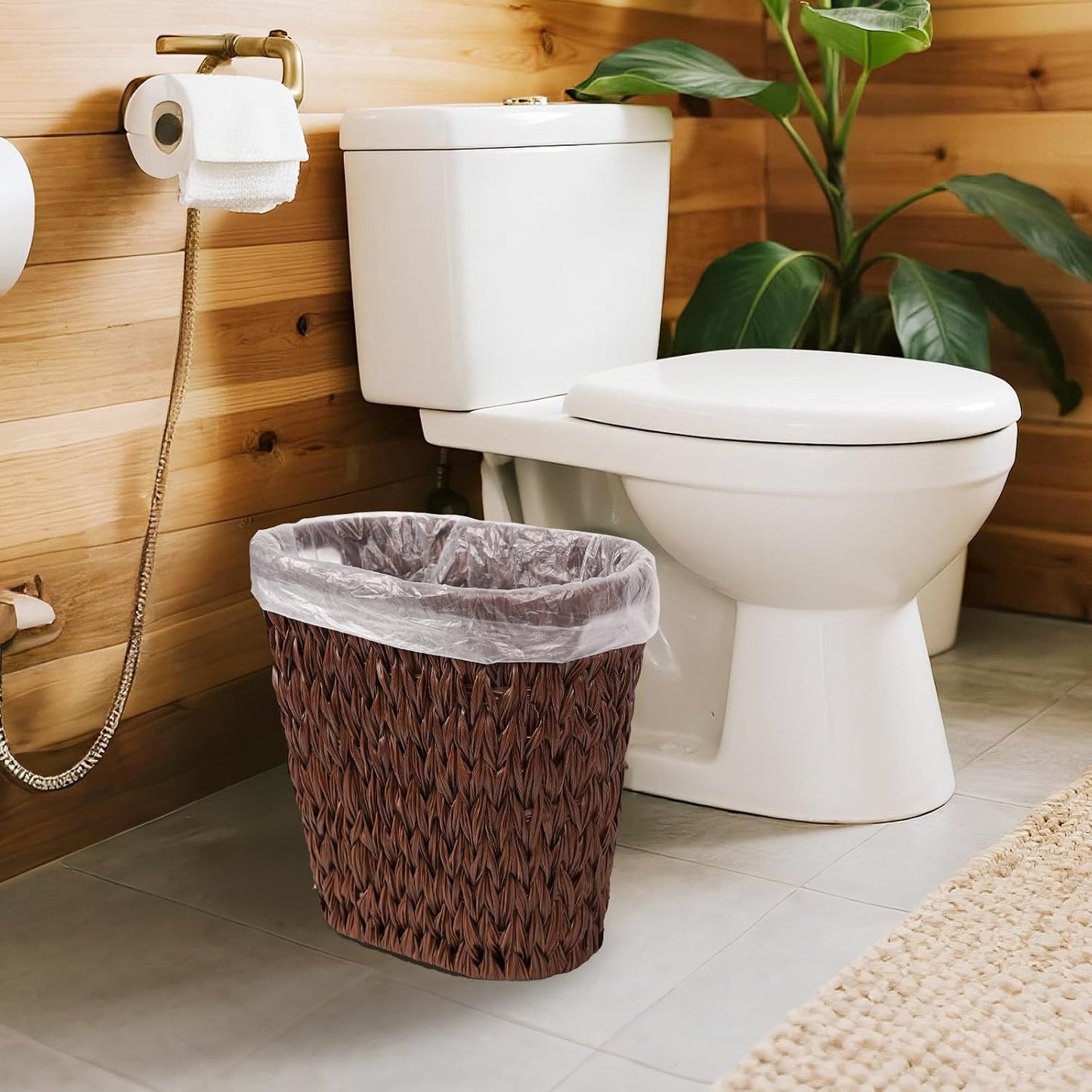 Wicker Trash Can,Waterproof Bathroom Waste Basket,Plastic Wicker Woven Waste Basket with Built-in Handles, 19 Liters/5 Gallons,Decorative Boho Rubbish Bin for Bedroom, Office, Kitchen, Laundry (brown)