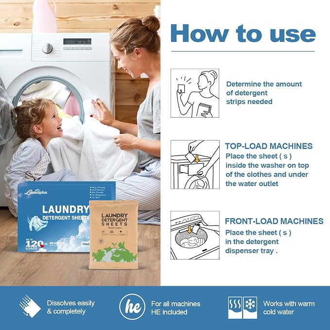 Laundry Detergent Sheet, Eco-Friendly & Hypoallergenic Wash Strips, Natural - Image 2