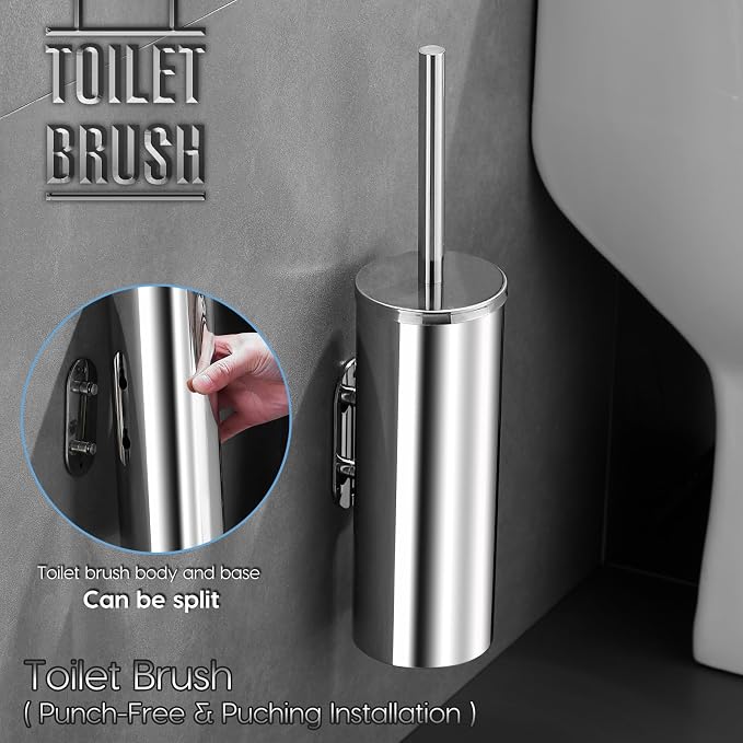 Toilet Brush and Brush Holder, Stainless Steel No-Punch Hook Base Dual Purpose - Image 2