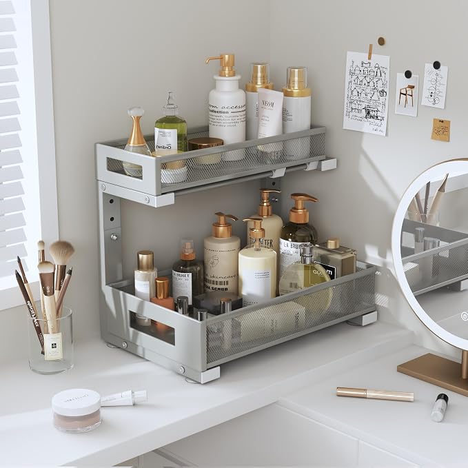 2-Pack Under Sink Storage Organizer, Large 2-Tier Elegant Mesh Pull Out Shelf - Image 8