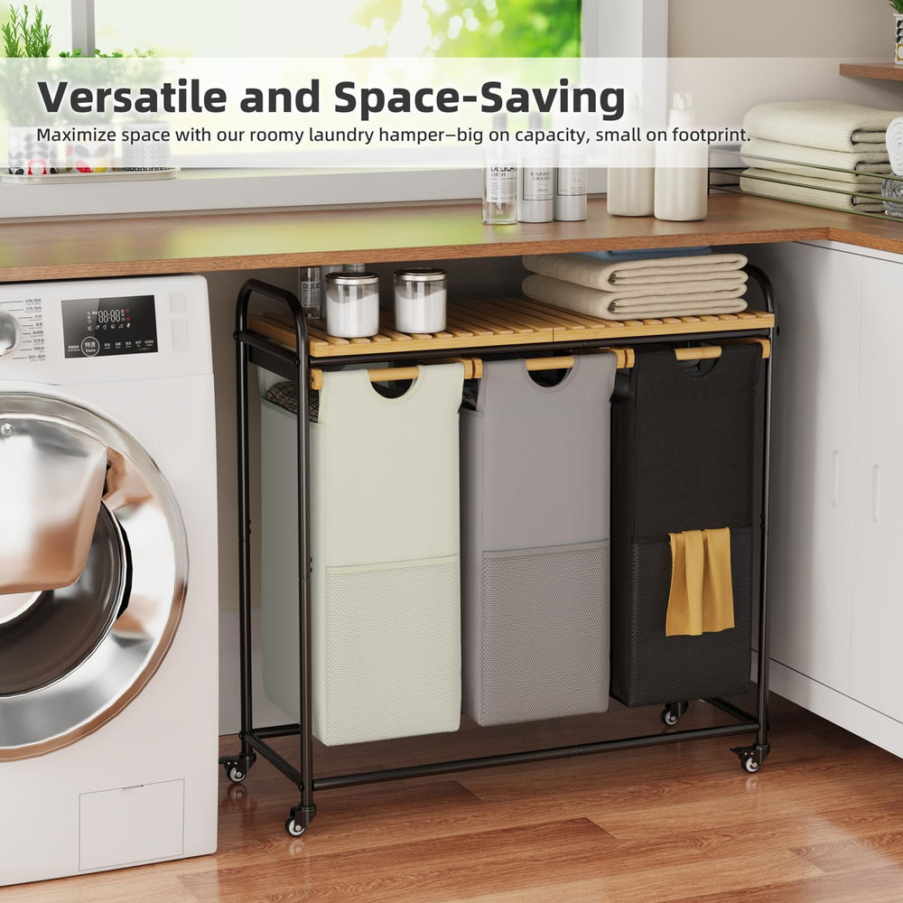 Laundry Hampers 3 Section, Laundry Sorter with Removable Shelf and Pull-Out B...