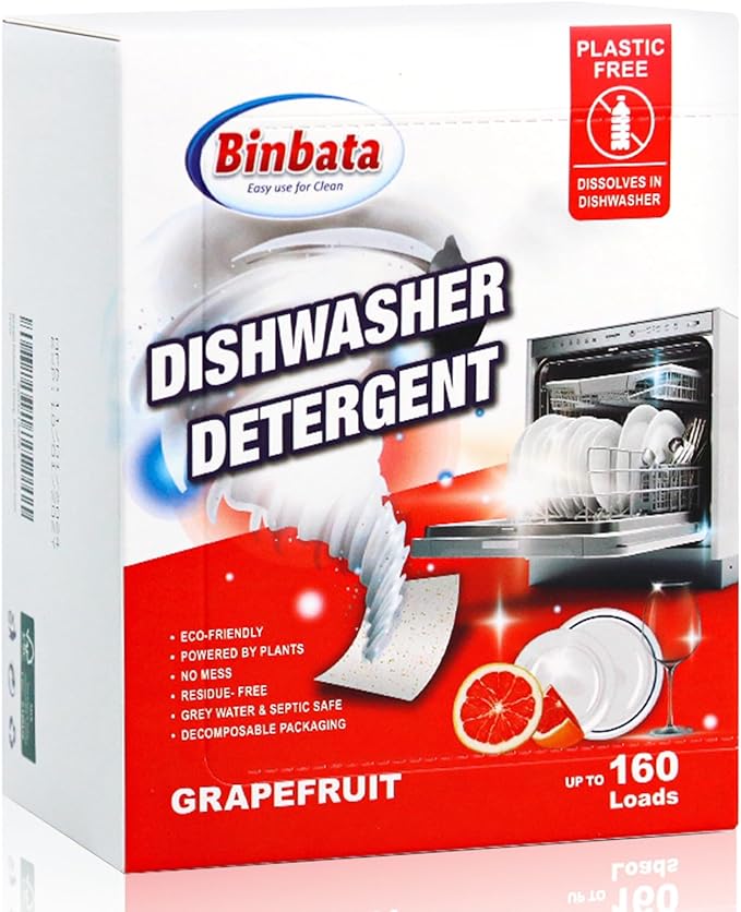 Eco Dishwasher Detergent Sheets Up To 160 Loads, Grapefruit Scent Plastic Free by Binbata
