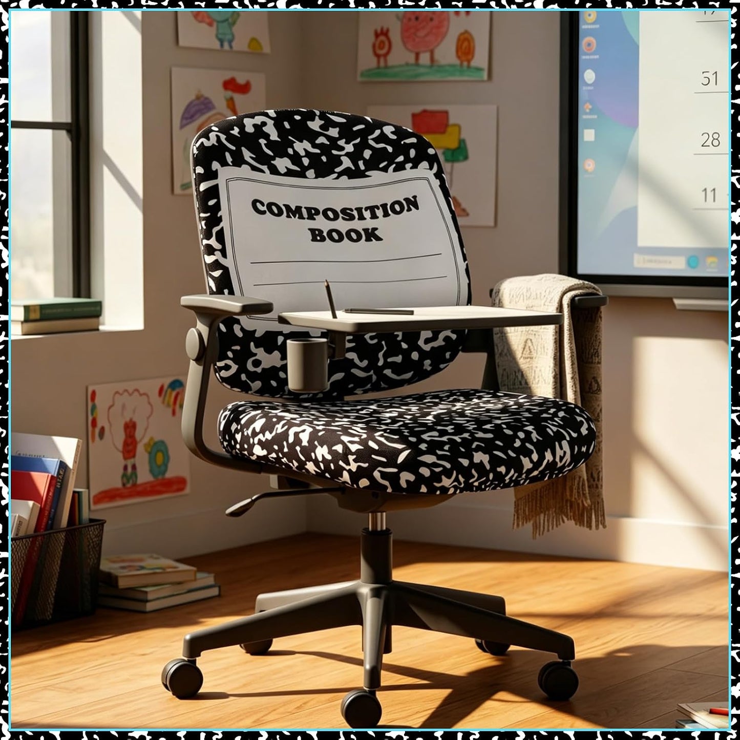 Chumia Composition Notebook Classroom Decor Teacher Office Chair Slipcover Teacher Black and White Composition Cover for Office Classroom Chair Protective Stretch Decorative Fabric Cover Standard Size