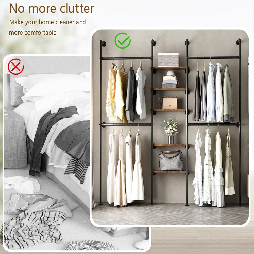 Industrial Pipe Clothing Racks with 5 Shelves, Wall Mounted Clothes Rack for ...