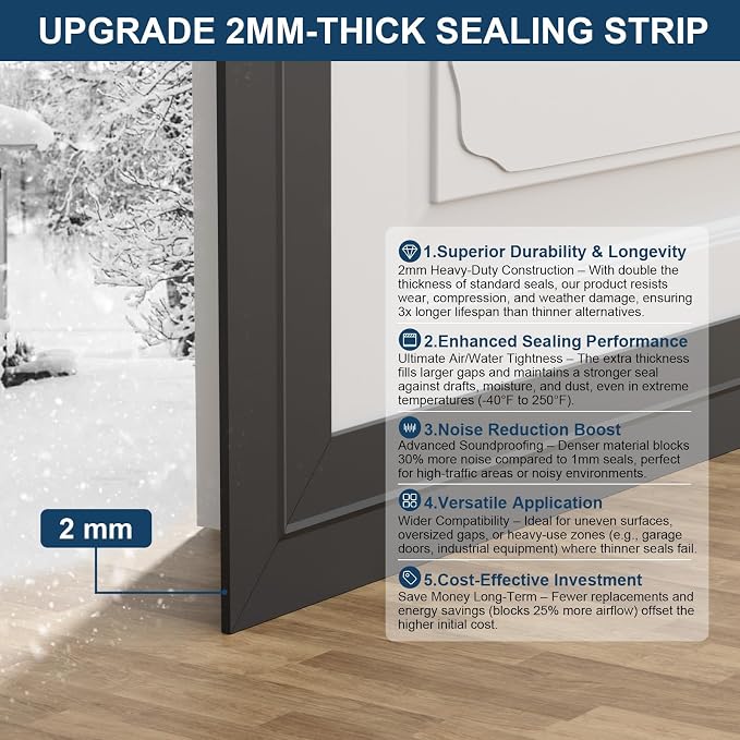 Heavy-Duty 10 ft x 3 in Weather Stripping, Extra Thick 2mm Door Draft Stopper - Image 8