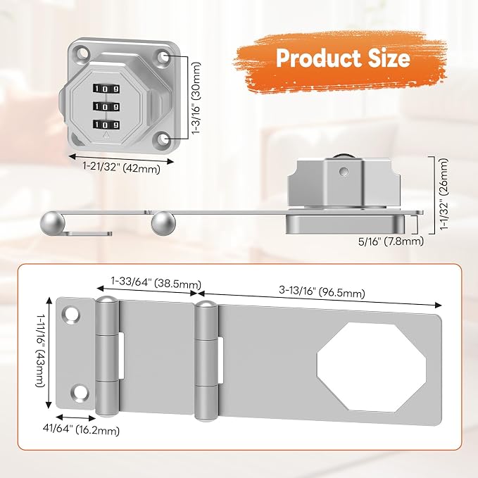 90 Degree 3-Digit Combination Cabinet Lock, Zinc Alloy Keyless Folding Hasp - Image 5