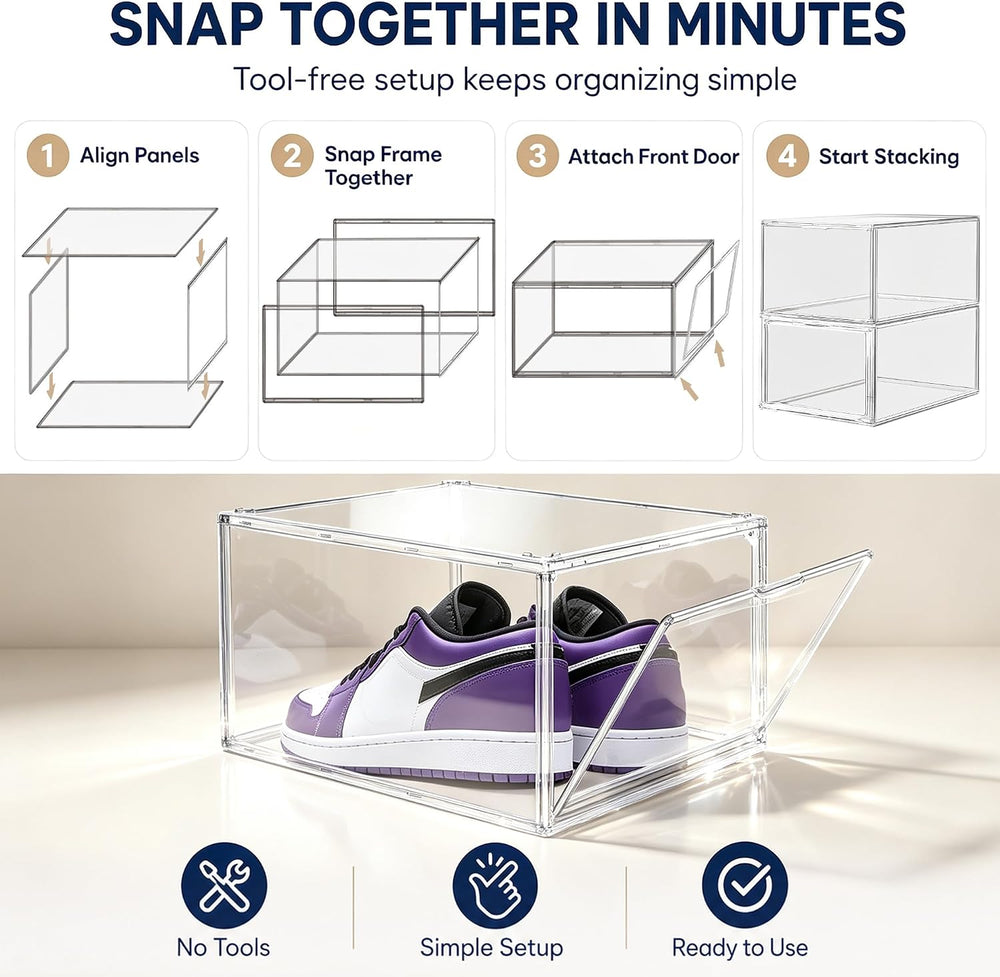 12 Pack Clear Acrylic Shoe Boxes Fit Size 12, Front Door for Small Closets