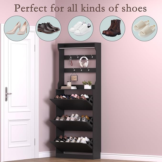 Shoe Cabinet with 3 Flip Drawers & Coat Rack, Narrow Hidden Shoe Storage Cabinet - Image 4