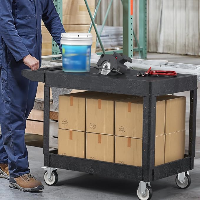 Large Garage Flat Top Utility Cart, Heavy Duty 2 Shelf Tool Cart Service Cart - Image 7
