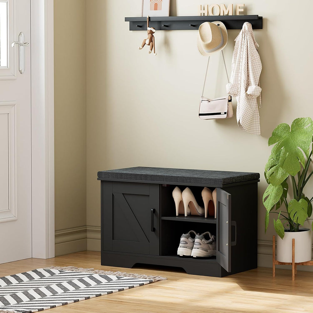 HOMSHO Farmhouse Shoe Storage Bench with 2 Barn Doors & Padded Seat Cushion