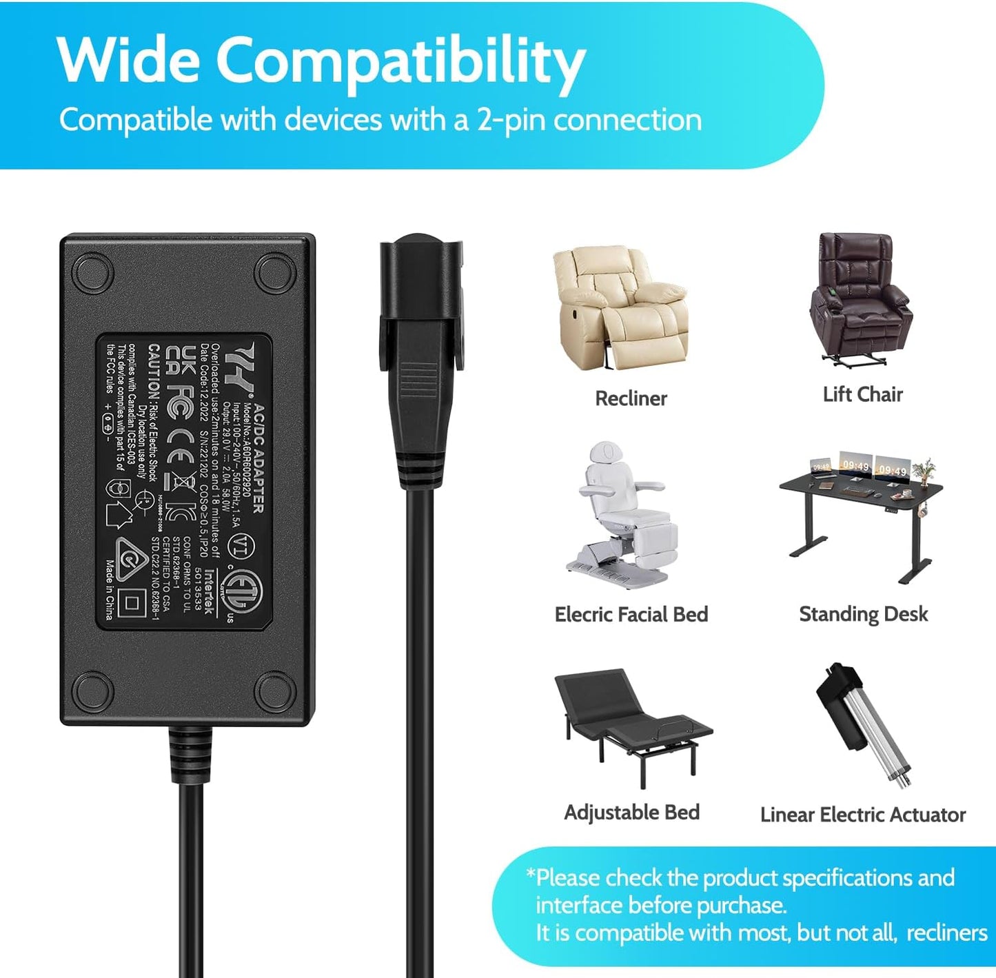 Power Recliner Power Supply, Sopito 2-Pin AC/DC Adapter 100-240V 50/60hz, Quality 29V 2A Switching Transformer, Replacement Part for Recliner Couch/Electric Sofa/Lift Chair/Standing Desk