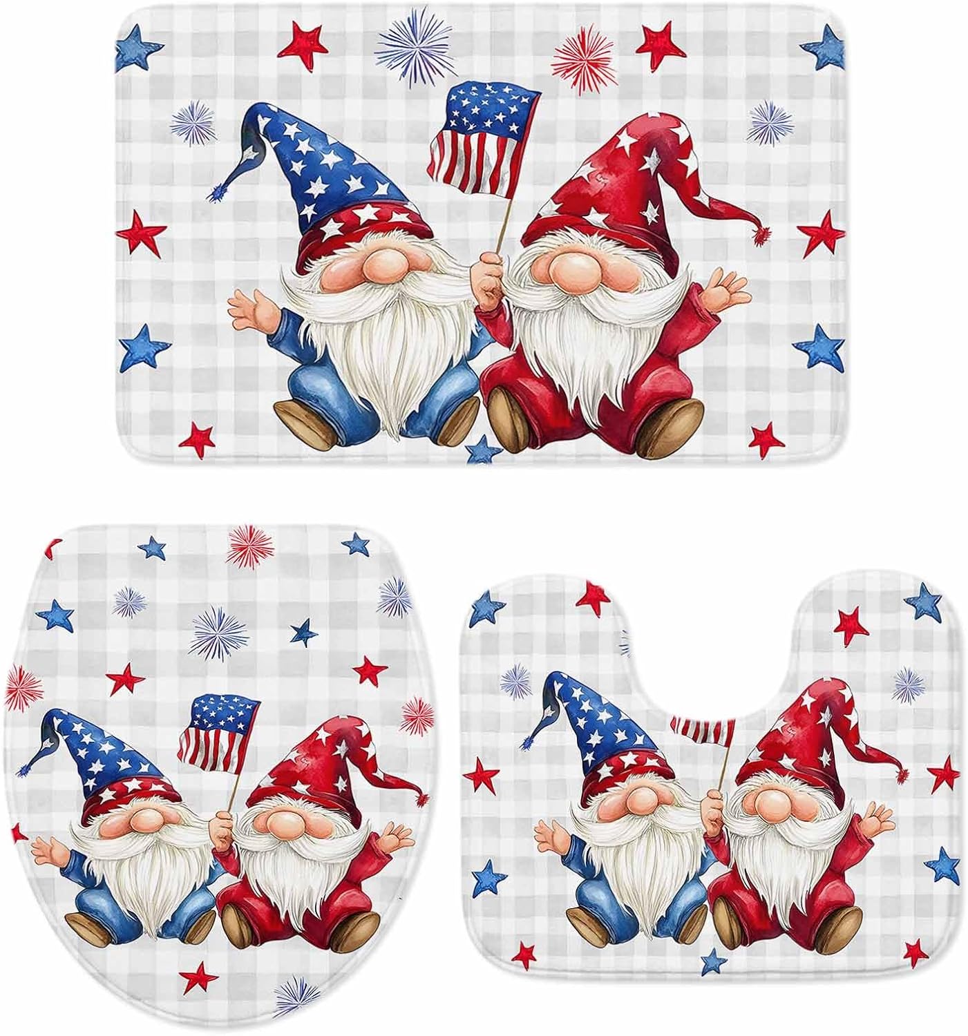 4th of July Bathroom Rugs and Mats Sets 3 Piece Patriotic Stars Gnomes Bath Sets Non Slip Bath Rug Set with U Shape Rug Fireworks Grey Buffalo Plaid Contour Toilet Rug for Bathroom Floor Large Size