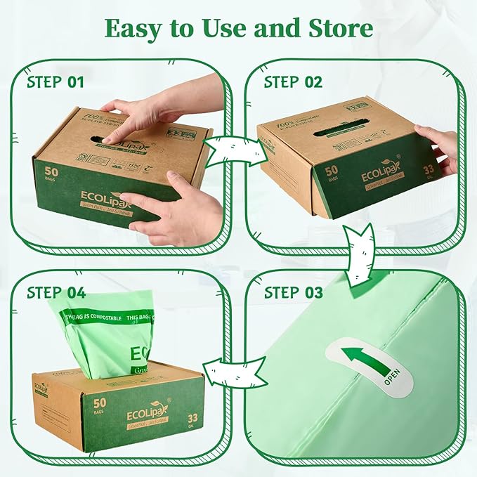 ECOLipak 33 Gallon Compostable Trash Garbage Bags, US BPI ASTM D6400 and OK - Image 5