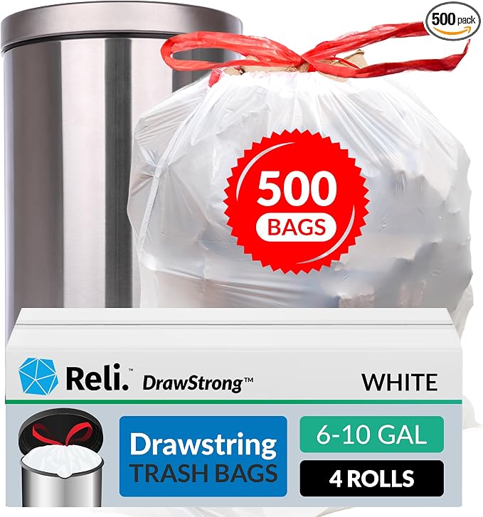 Reli. 6-10 Gallon Trash Bags Drawstring | 500 Count Bulk | 22"x23" | 6 by Reli