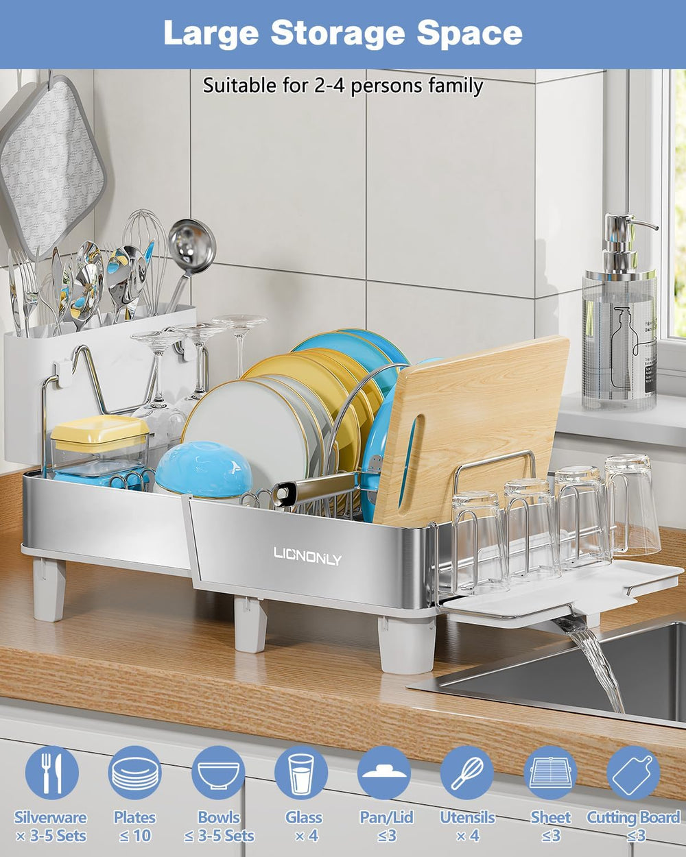304 Stainless Steel Expandable Dish Drying Rack with Drain Spout, White
