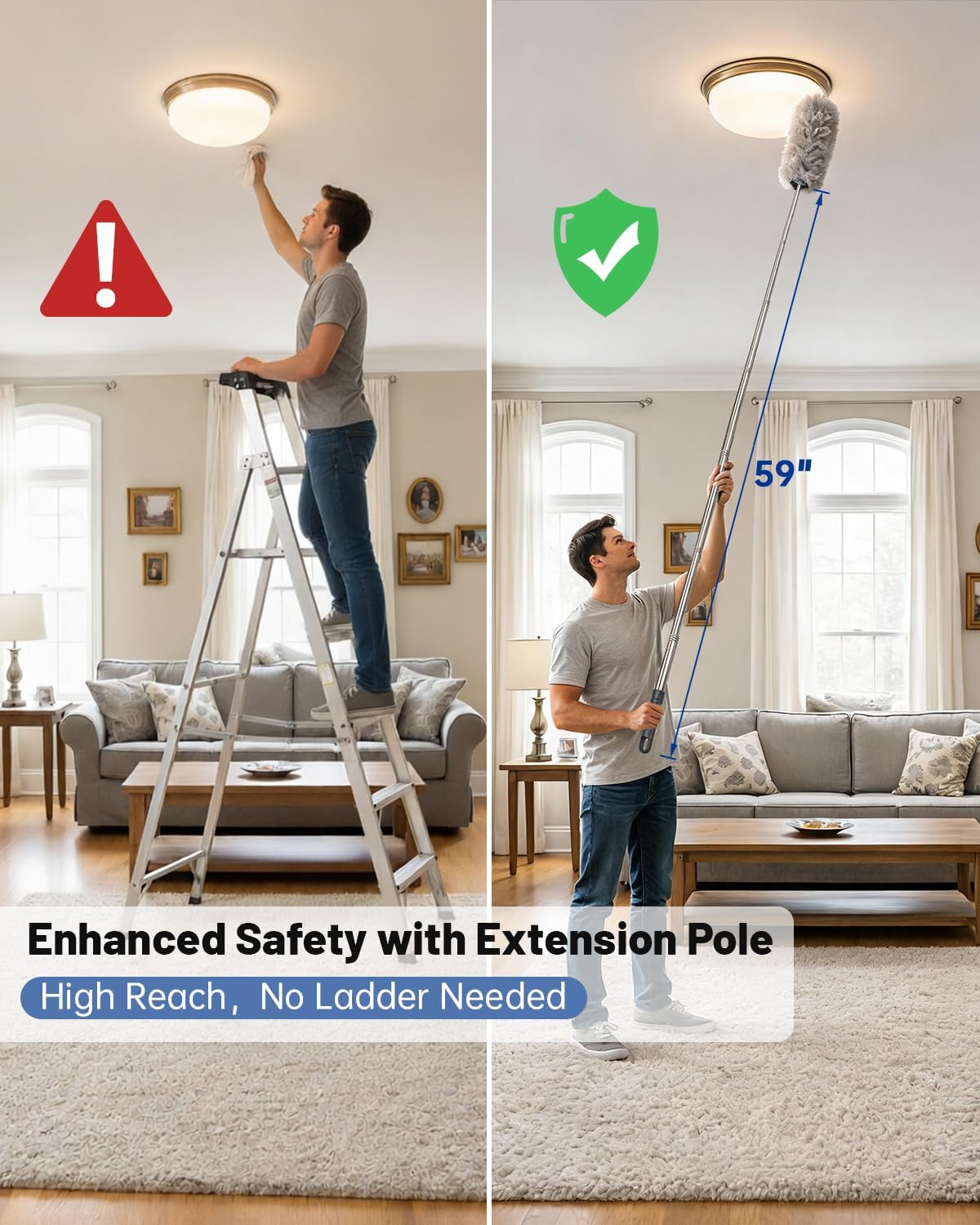 Practical 3 in 1 Dusters Kit for Cleaning, Efficient Duster with Extension Pole, Upgraded High Ceiling Fan Cleaner Duster, Easy Washable Spider Cobweb Brush Duster for Blinds/Wall/Tight Spaces